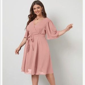 Pink Wrap Belted A Line Swing Midi Dress